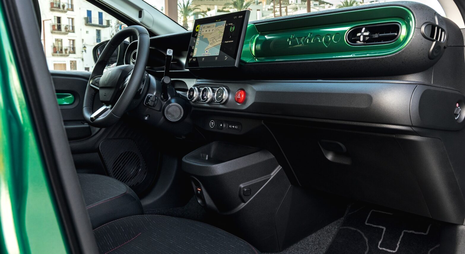 Slika prikazuje kokpit u autombilu Renault Twingo E-Tech electric - Techno - Absolute Green